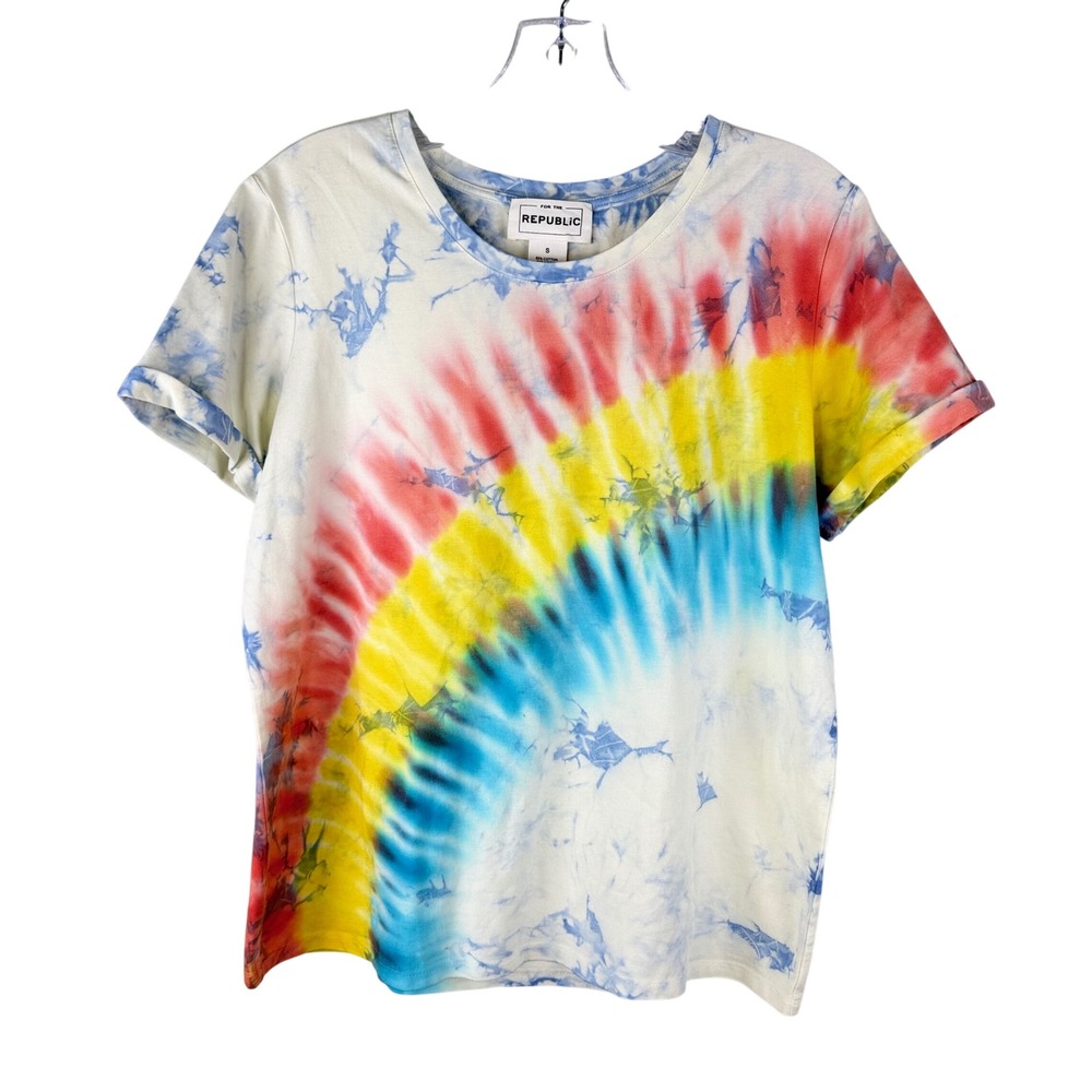 For The Republic Tie Dye Rainbow T-Shirt Womens Small Short Sleeve Cotton Blend